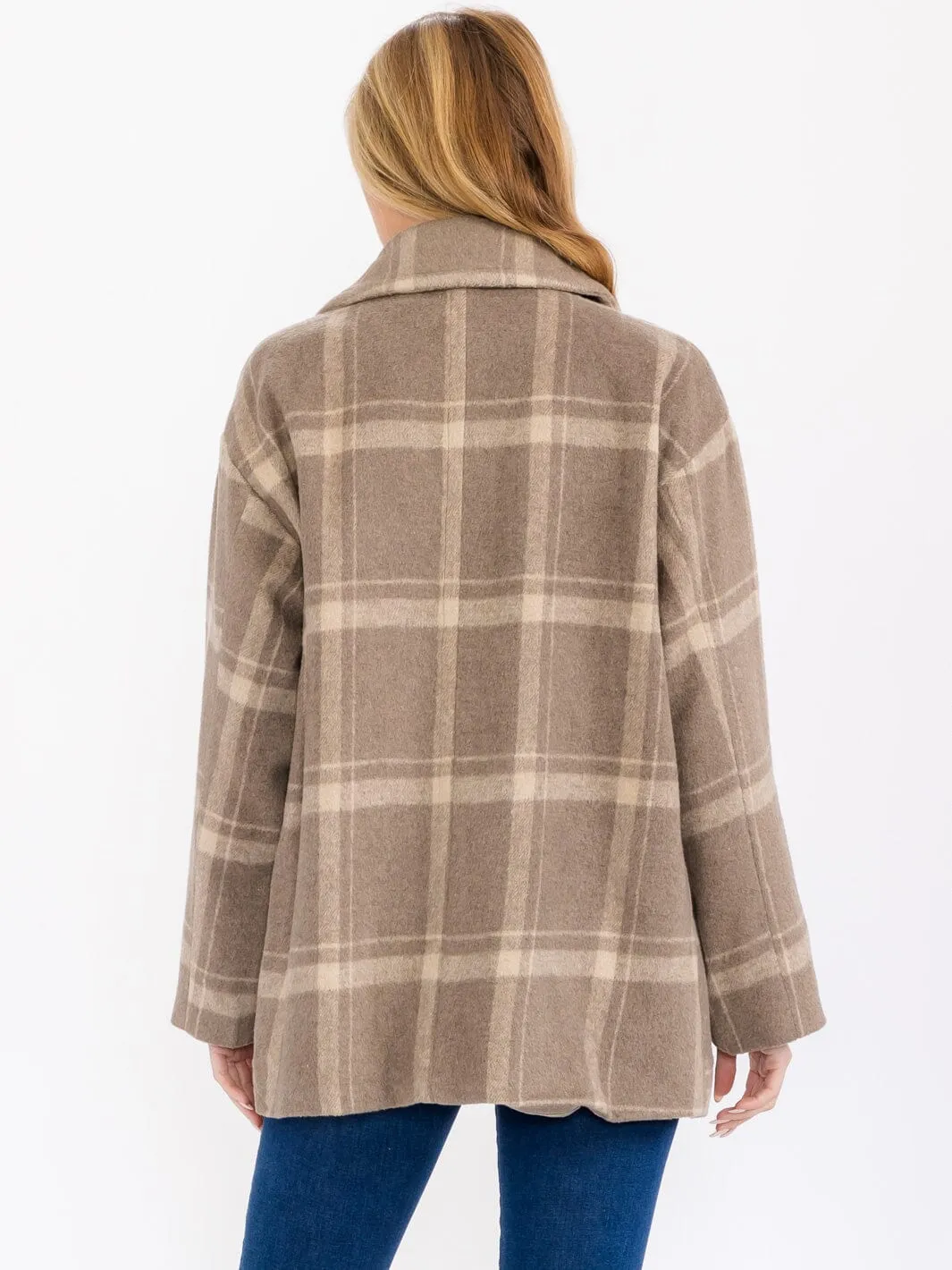 WOMEN'S LONG SLEEVE BUTTON CLOSURE FRONT POCKETS PLAID COAT