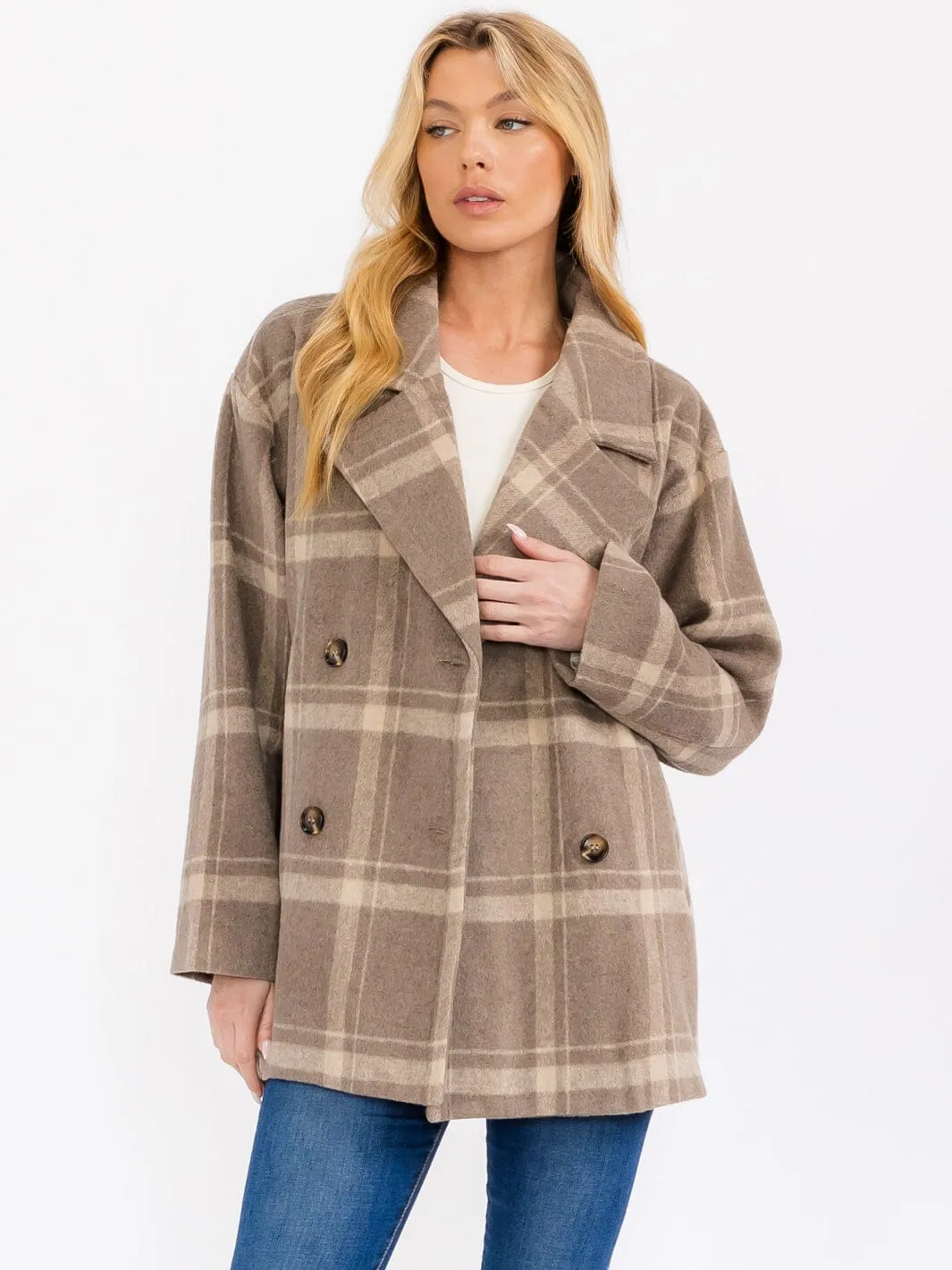 WOMEN'S LONG SLEEVE BUTTON CLOSURE FRONT POCKETS PLAID COAT