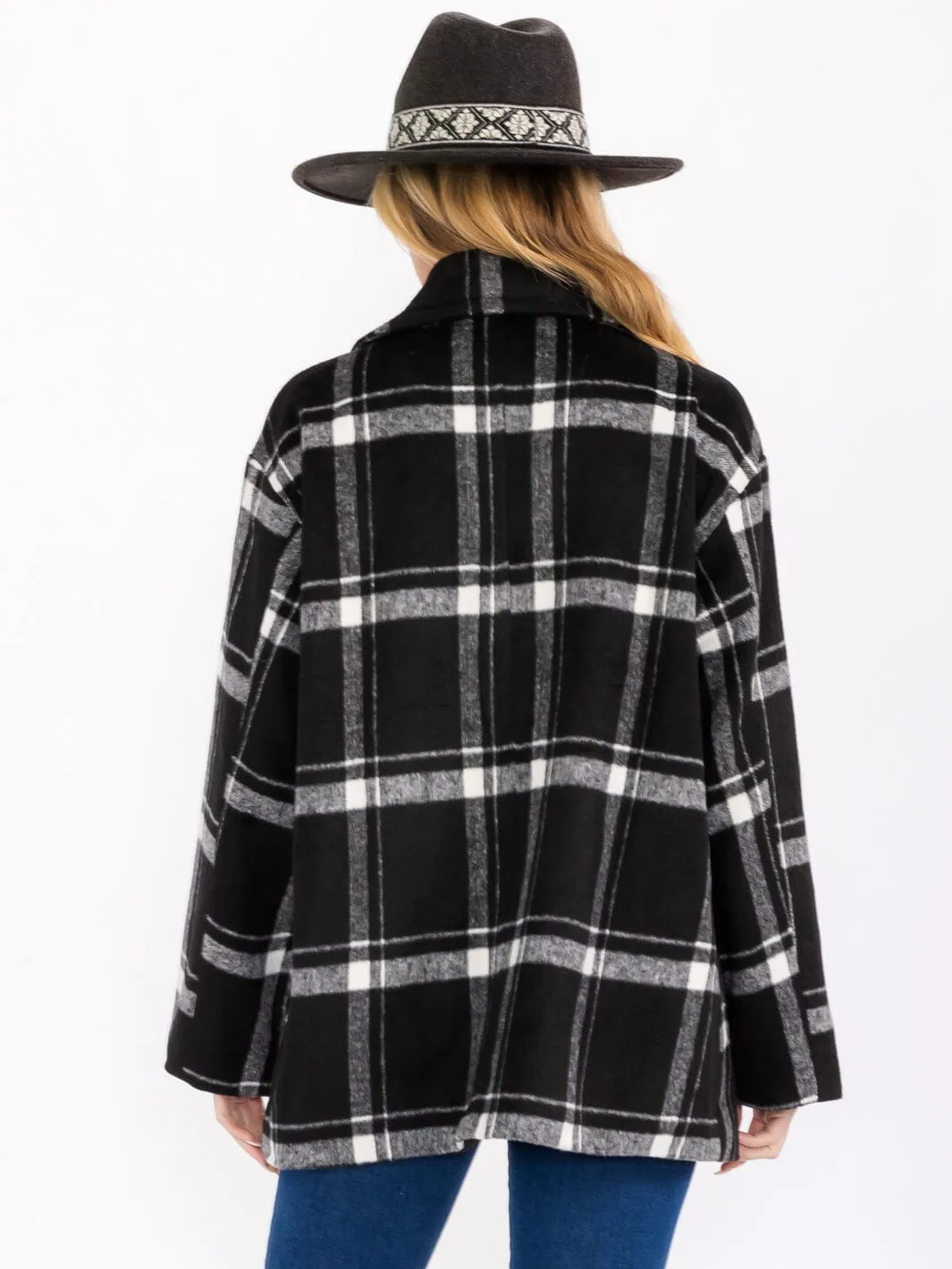 WOMEN'S LONG SLEEVE BUTTON CLOSURE FRONT POCKETS PLAID COAT