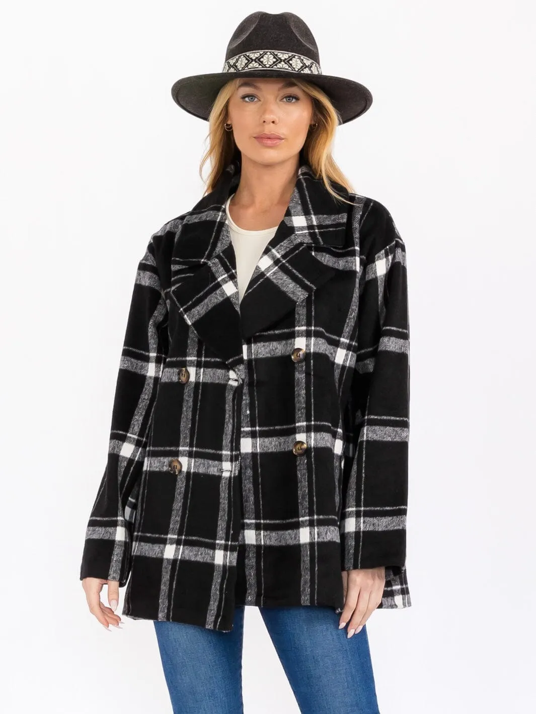 WOMEN'S LONG SLEEVE BUTTON CLOSURE FRONT POCKETS PLAID COAT