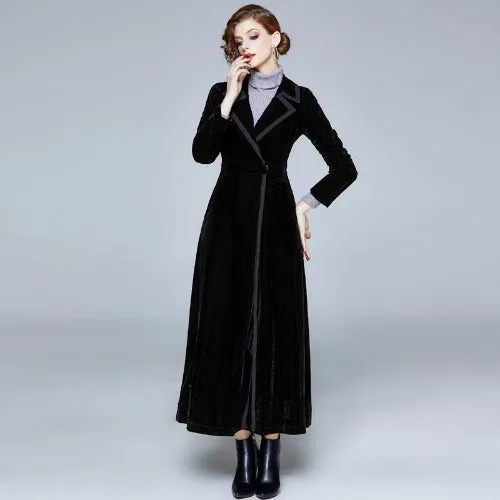 Womens Long Trench Coat Velvet Knee-Length Blended Hem Overcoat