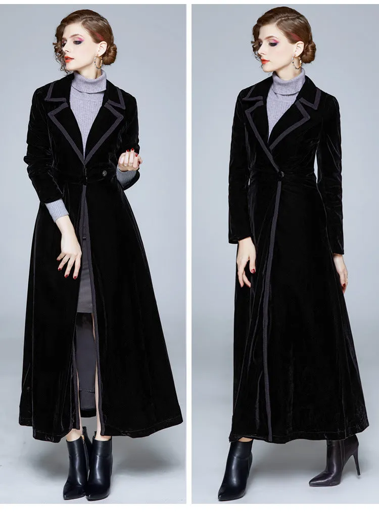 Womens Long Trench Coat Velvet Knee-Length Blended Hem Overcoat