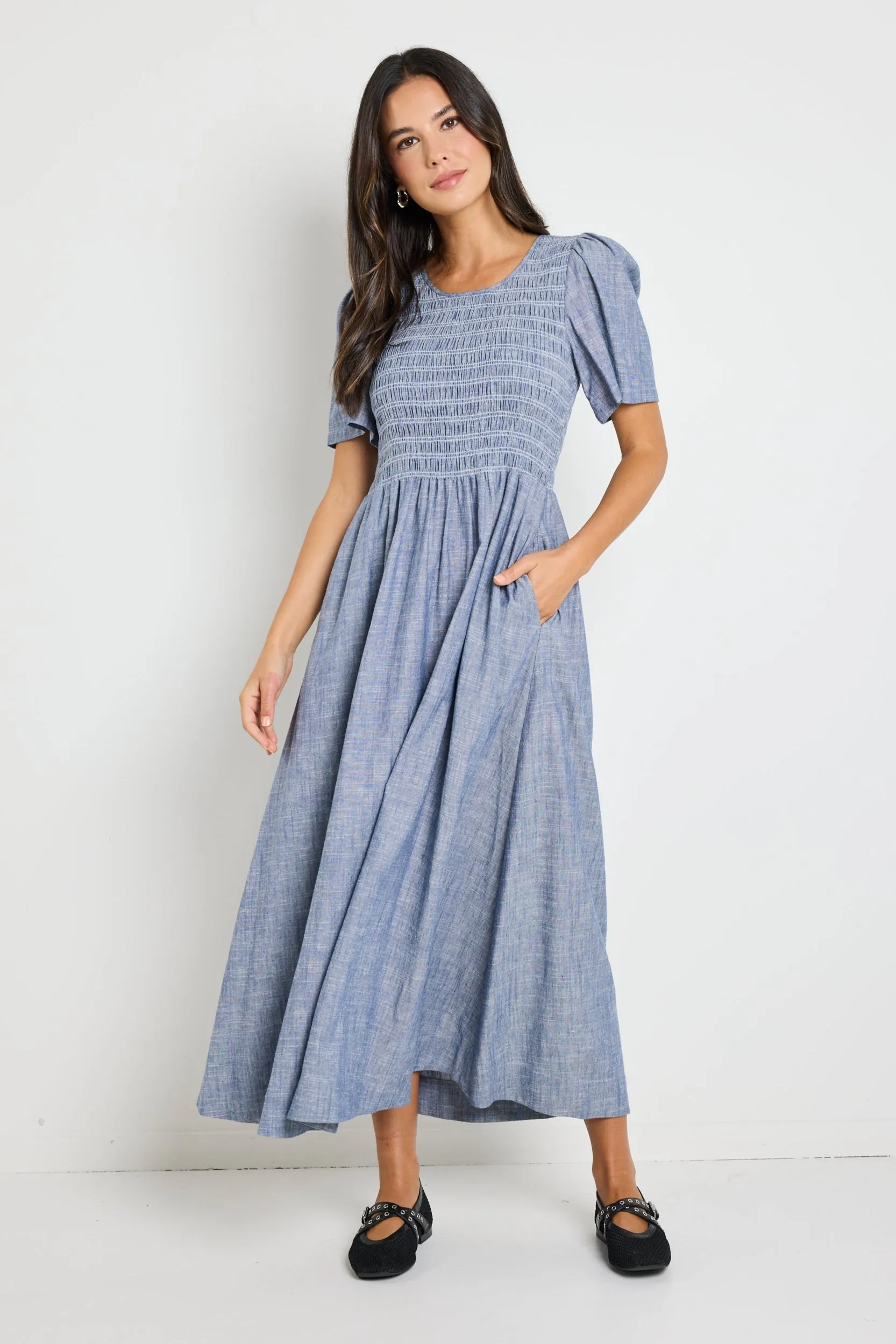 Wren Chambray Blue SS Shirred Bodice Midi Dress