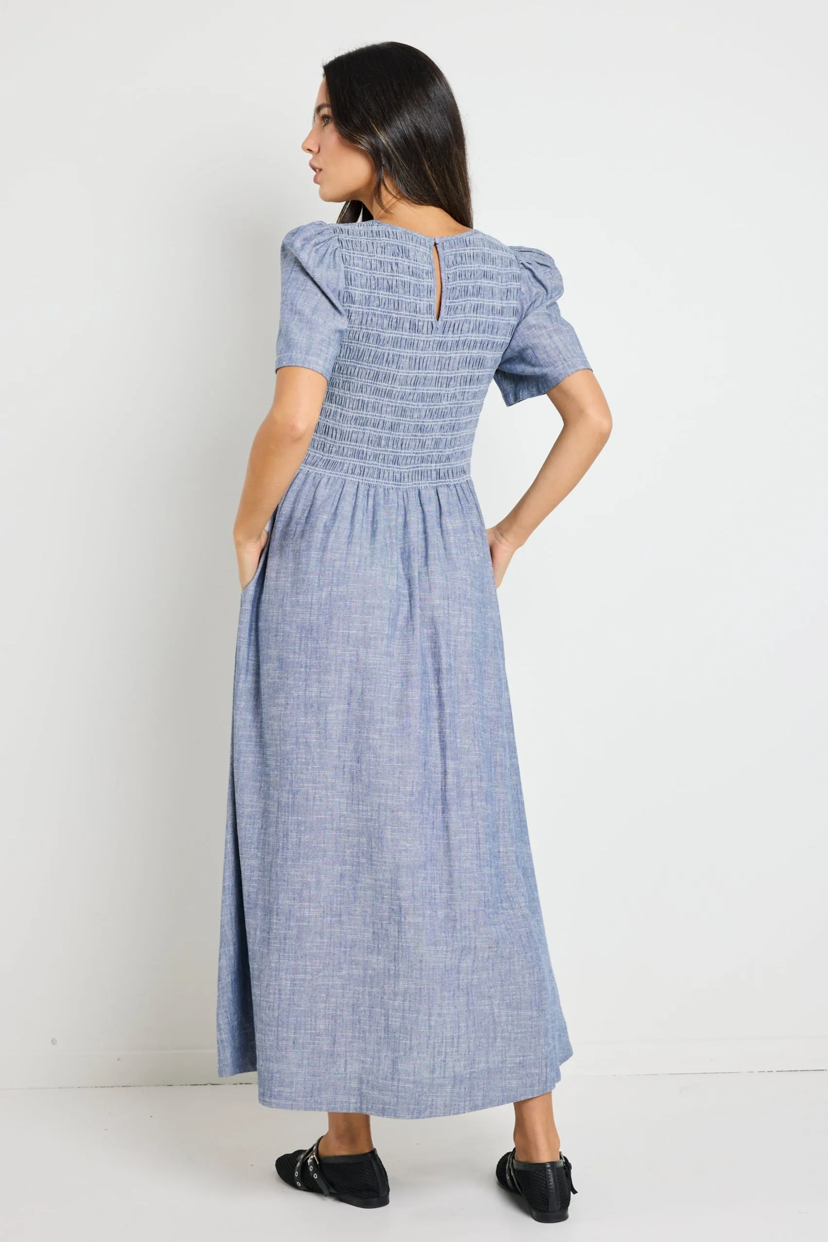 Wren Chambray Blue SS Shirred Bodice Midi Dress