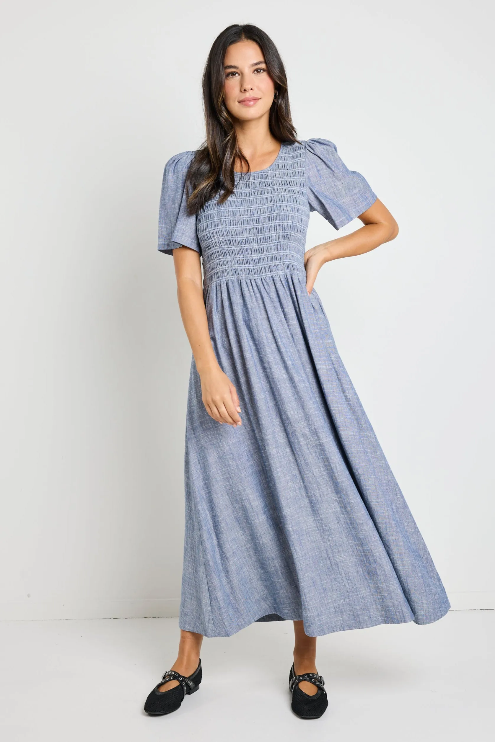 Wren Chambray Blue SS Shirred Bodice Midi Dress