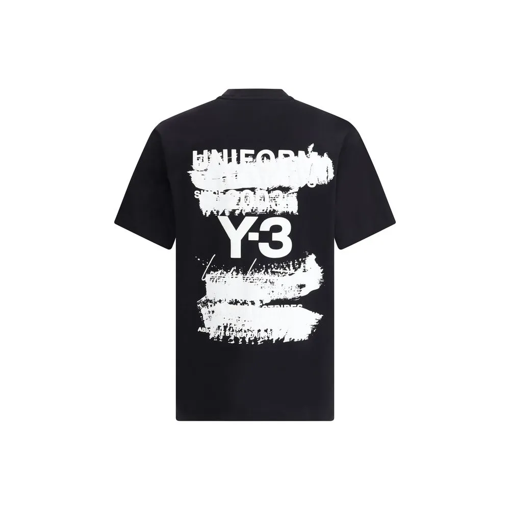 Y-3 Men Black T-Shirt Cotton Printed Ribbed Crew Neck Short Sleeves Casual Top