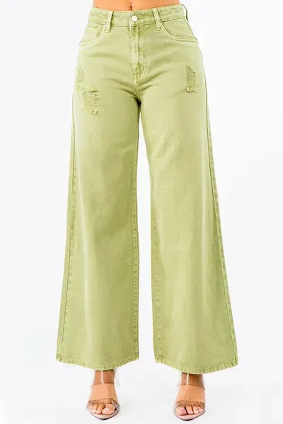Yellow-Green High Waist Distressed Wide Leg Jeans