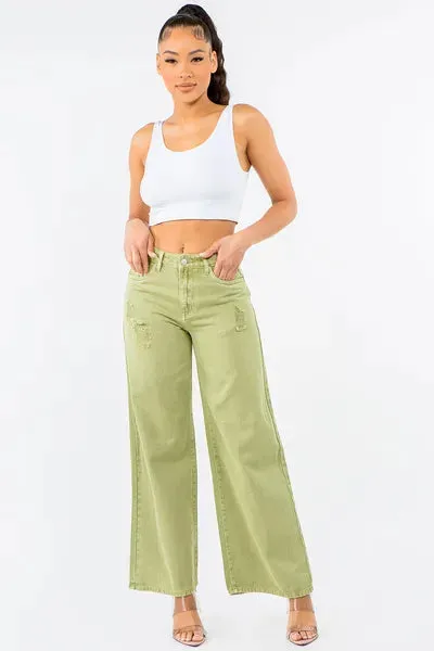 Yellow-Green High Waist Distressed Wide Leg Jeans