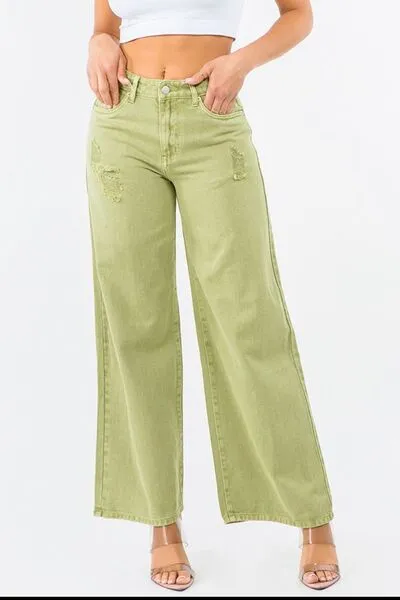Yellow-Green High Waist Distressed Wide Leg Jeans