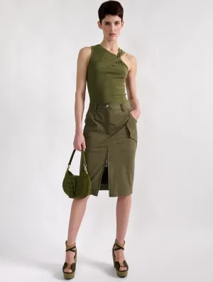 Zipped pencil skirt in khaki stretch gabardine