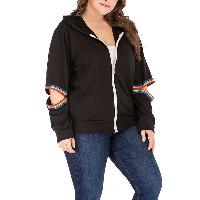 Zipper Shirt Arm Hole Long Sleeve Hooded Sweater Coat Plus Size